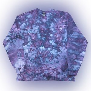 Customized, ice-dyed Imperial Purple longsleeve Gildan shirt